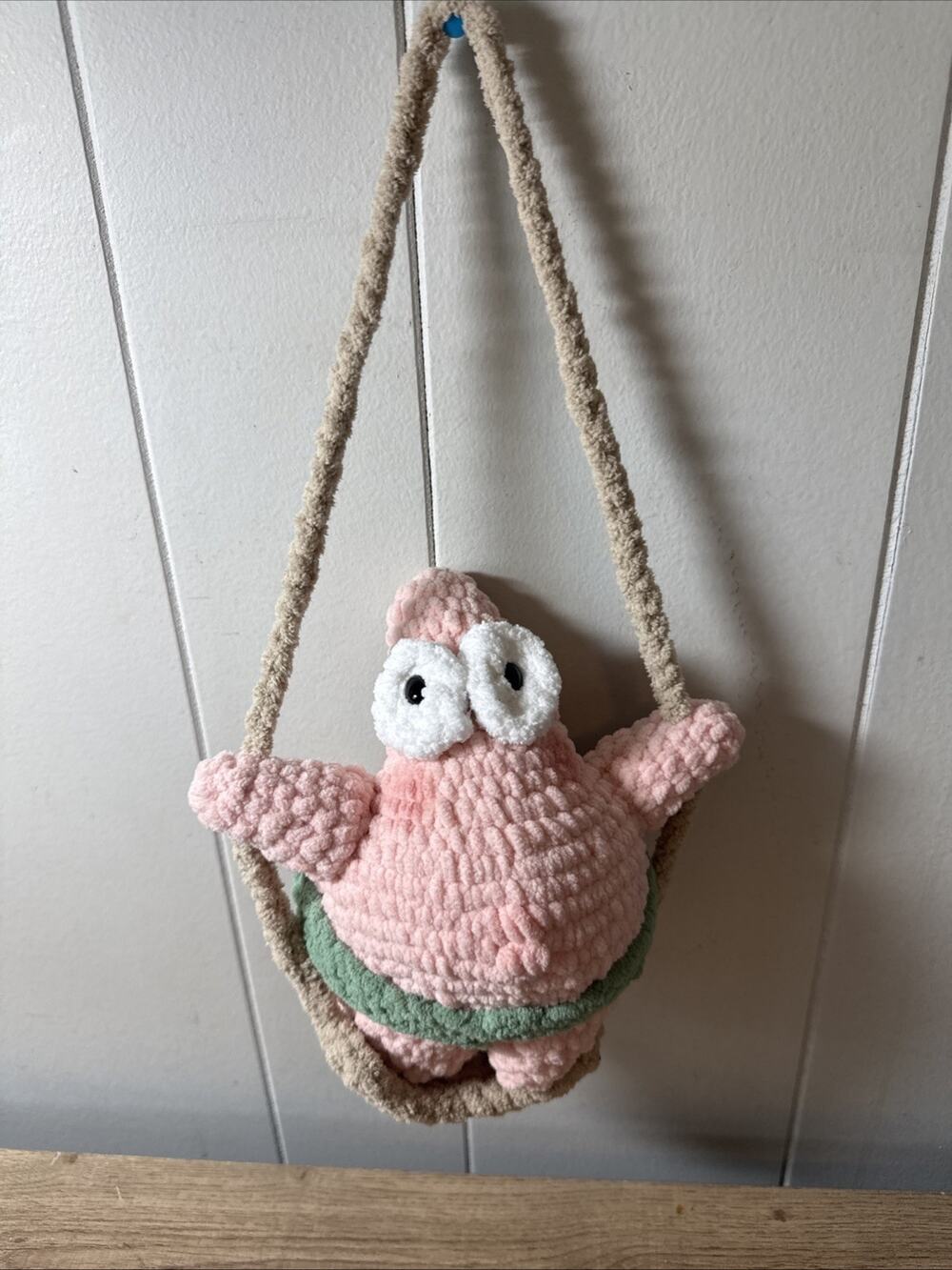 Handmade Amigurumi Crochet Bootyful Patrick Star Plushie On A Swing